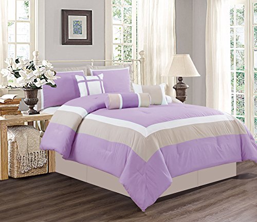 Grand Linen 7 Piece King Size Lilac Purple/White/Grey Color Block Milan Down Alternative Comforter Set 104" X 90" Bedding + Accent Pillows #TOP12