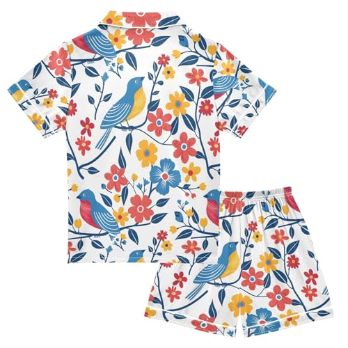 ALAZA Abstract Bird Flower Floral Pajamas Satin Pajama Set Short Sleeve Button Down Sleepwear2