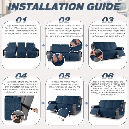 Image of TAOCOCO 100% Waterproof Recliner Covers, Recliner Sofa Covers with Leg Straps, Reversible Recliner Couch Cover for Reclining Chair, Washable Couch Protector for Pets Kids(3 Seater, Ocean Blue)