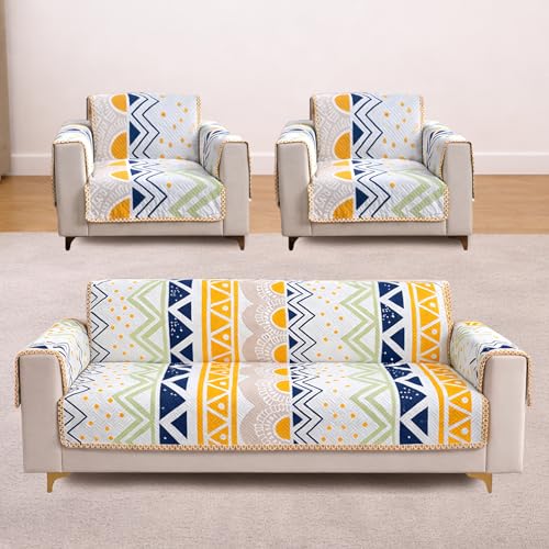 Image of Homerz Premium 5(3+1+1) Seater Quilted Reversible Sofa Cover Mat with Pocket Arms | Polyester Blend 350 GSM Full Coverage & Back Belt for Stability (Sylvara, 5(3+1+1) Seater)