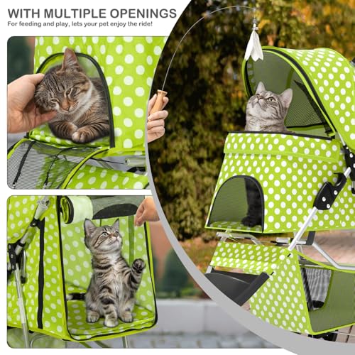 Image of MoNiBloom 3 Wheels Pet Dog Cat Stroller for Small Medium Dogs Cats, Foldable Jogger Stroller w /Storage Basket and Cup Holder, Lawn Green Polka Dots