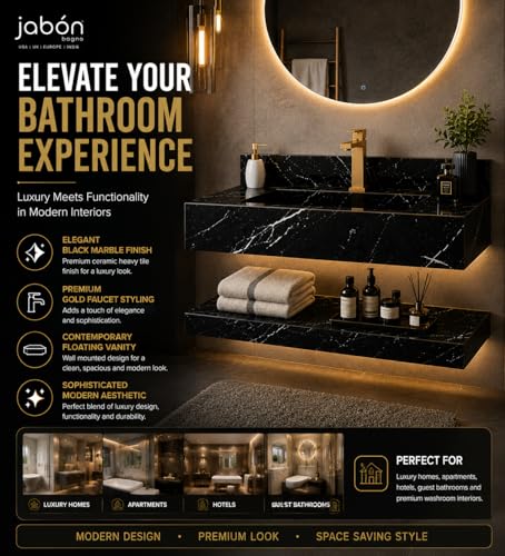 Image of BANZER JABON BAGNO Without Mirror Bathroom Vanity Set with Ceramic Wash Basin & Storage Shelf | Wall Mounted Bathroom Vanity Cabinet | Black Ceramic Heavy Tile Finish | 60x50cm