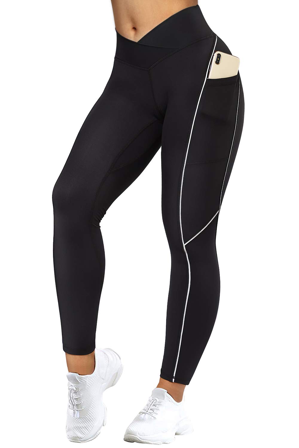 MOOSLOVER Women V Cross Waist Butt Lifting Leggings with Pockets High Waisted Yoga Pants