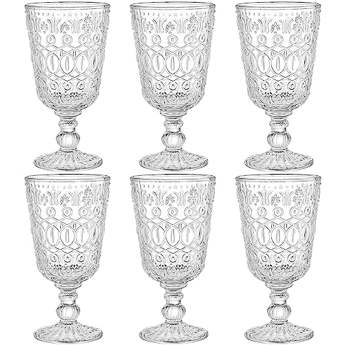 SOUJOY Set of 6 Vintage Wine Glasses, 10oz Clear Glass Goblet, Handmade Pressed Water Drinking Cup with Stem for Party, Wedding
