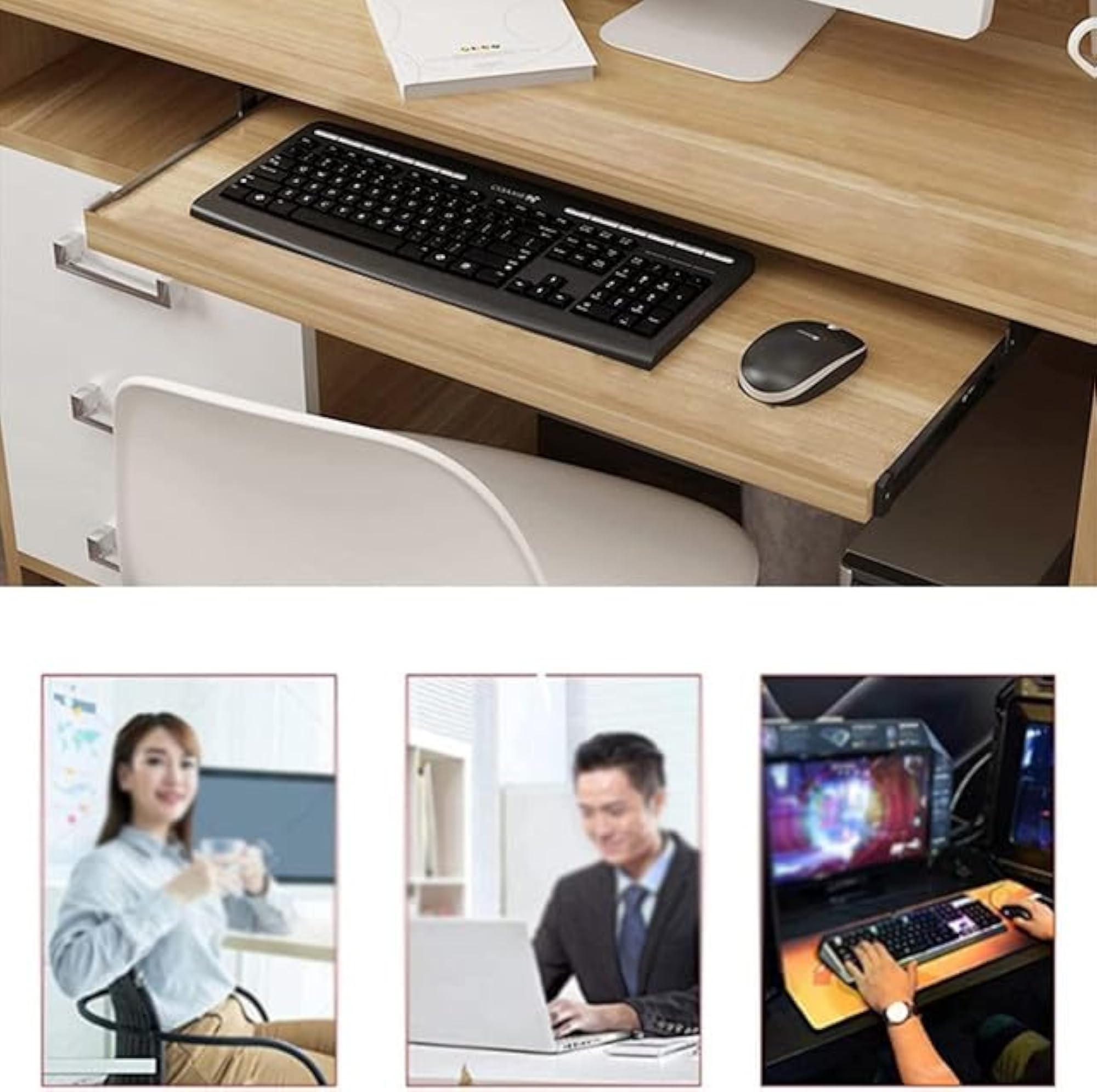 Adjustable Wooden Keyboard Tray, Beige Finish