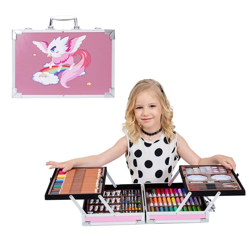 TAPIT Art Supplies Drawing Art Kit for Kids 200PCS Painting Art Set with Portable Case Art Kits for Kids Festival Children's Day Gift for Boys Girls (Pink)