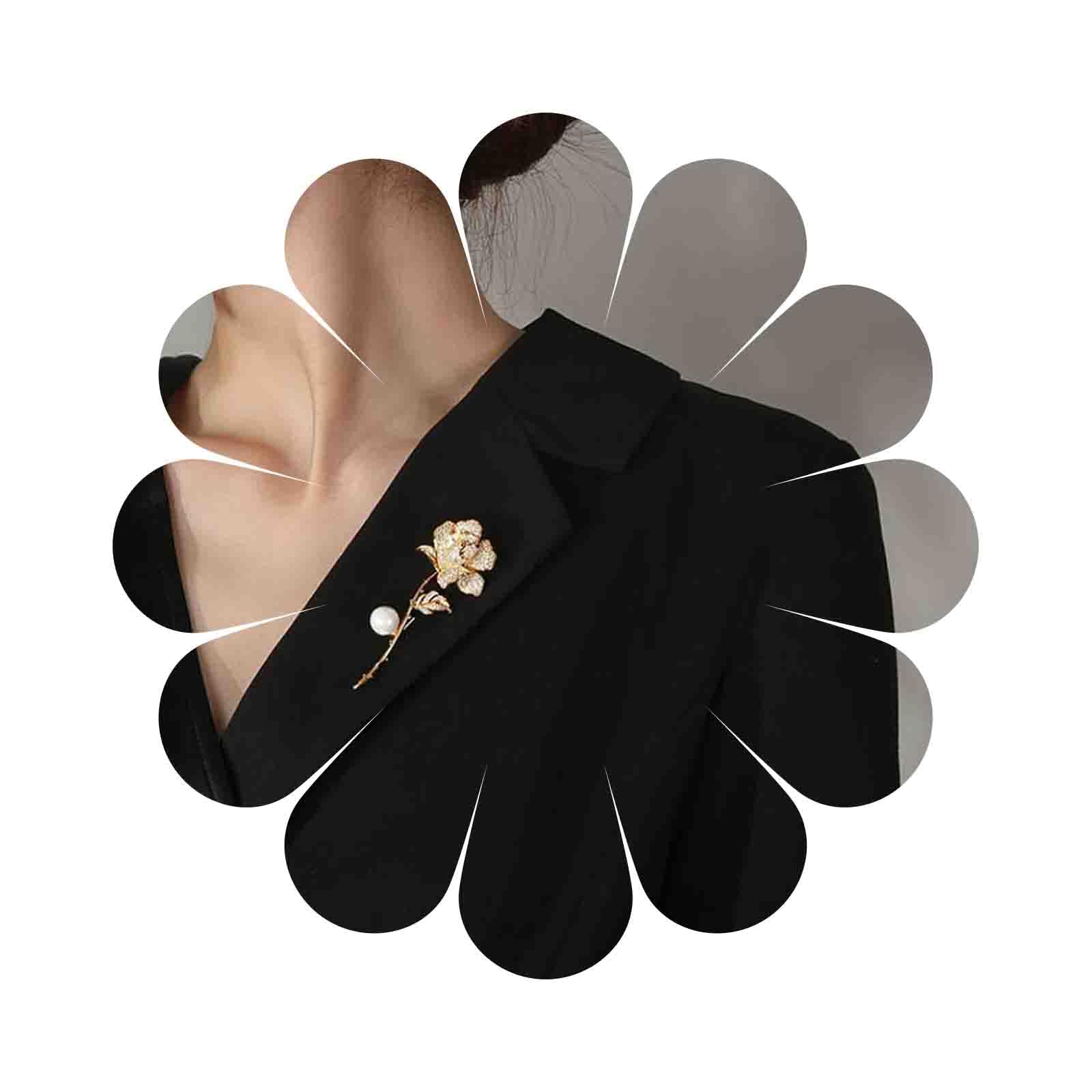 IacebleRhinestone Rose Flower Brooch Pin Pearl Flower Brooches Pin Gold Crystal Wedding Formal Lapel Pin Brooch Cz Rose Brooch Pin Decorative Collar Safety Pins for Women Clothing Dress Suit