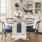 yuboo Blue and White Table Runner 36 Inches, Small Summer Coastal Nautical Dresser Scarf, Farmhouse Coffee Table Runner for Nightstand, End Table, Beach Home Table Decor (Navy & Cream)