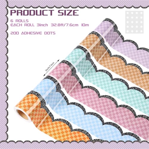 Image of Fuutreo 6 Roll 197 ft Pastel Checkered Bulletin Board Borders Composition Scalloped Edge Trim Classroom Border Roll Decoration for Back to School Chalkboard Office Wall