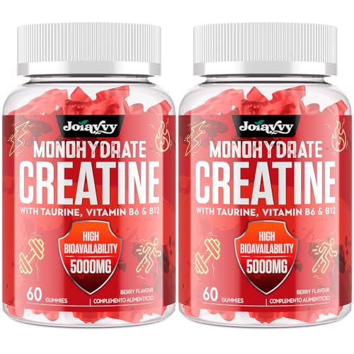 Gominolas de Creatina Monohidrato, 5000 mg de Creatina Monohidratada por cada Dosis, Potenciador Preentrenamiento, Más Práctico que el Polvo, Sabor a Bayas, Vegano (60 Unidad (Paquete de 2))