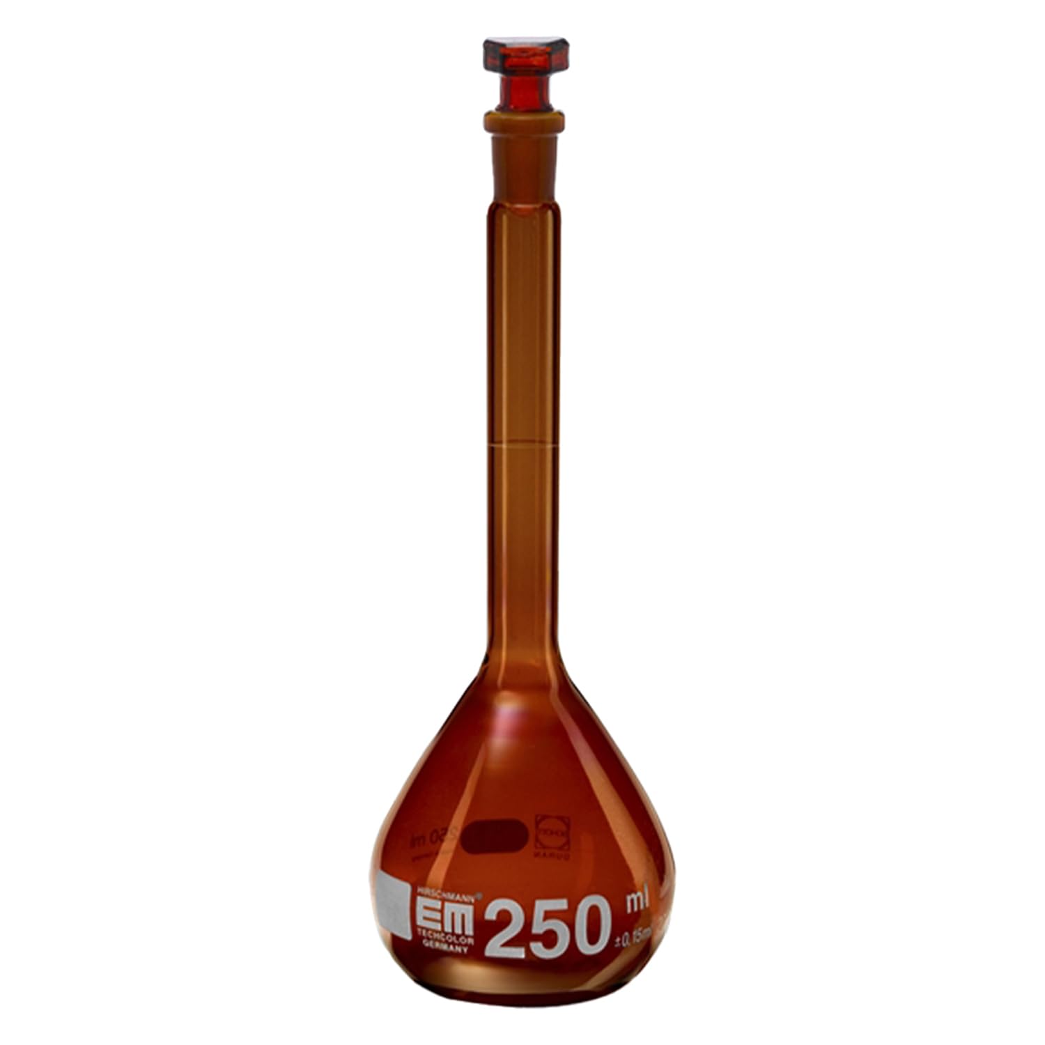 Hirschmann Duran - Lote de 2 matraces aforados con tapón de cristal, clase A, cristal ámbar, graduación blanca, NS 14/23, capacidad de 50 ml, tolerancia de 0,08 ml, altura de 140 mm