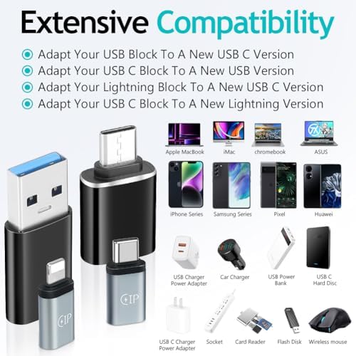 AXFEE Adapter USB C do Lightning, 6 sztuk, adapter USB C na USB 3.0 OTG, adapter micro USB na USB C, gniazdo do wtyczki, kompatybilny z IPhon MacBook Pro, Samsung Galaxy, telefonami komórkowymi,