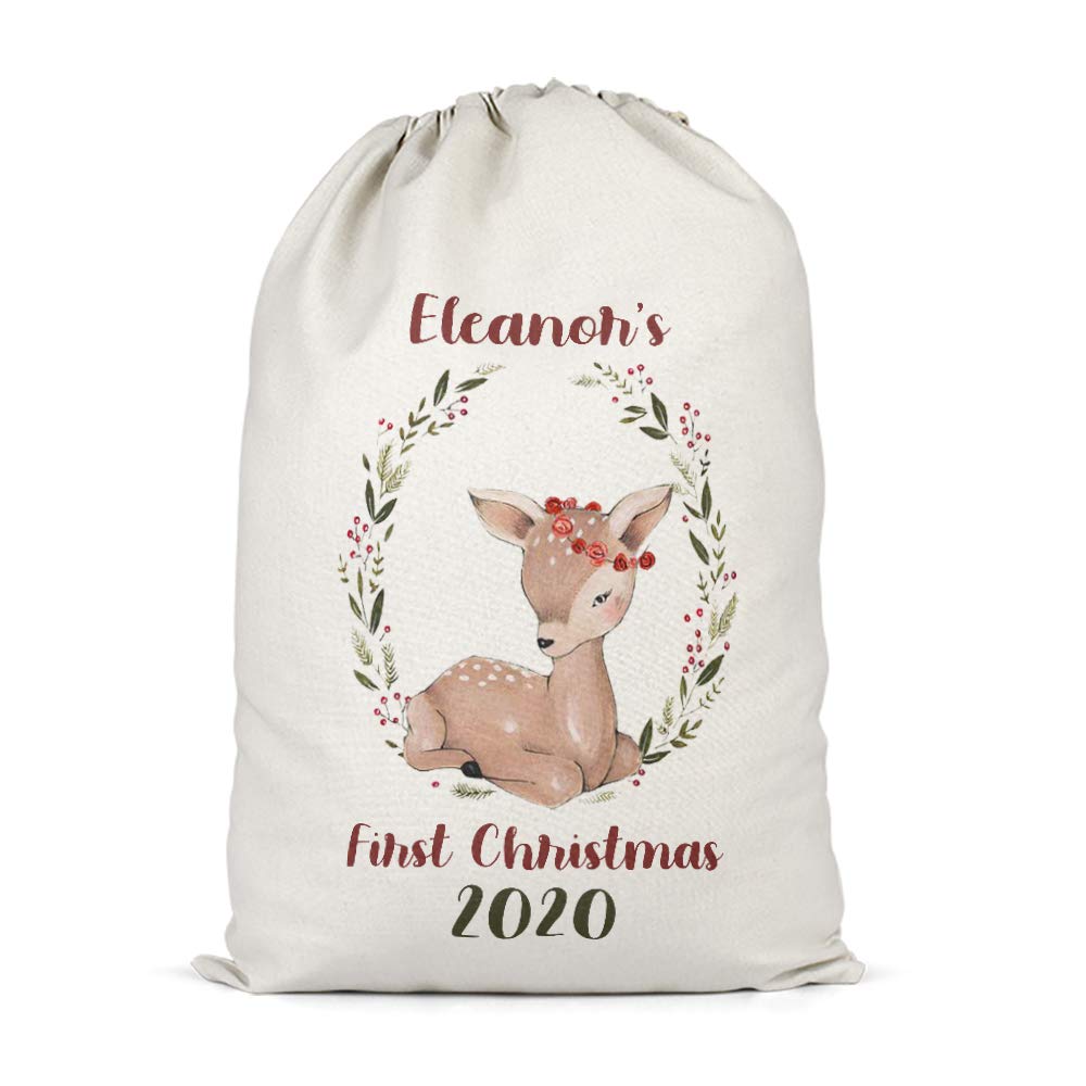 FunkyShirt Custom Baby First Christmas 2020 Present Sack Gift Santa Presents Christmas Eve Kids Baby First Boys Personalised Personalised Christmas Sack Eve Bags (X-Large) Beige