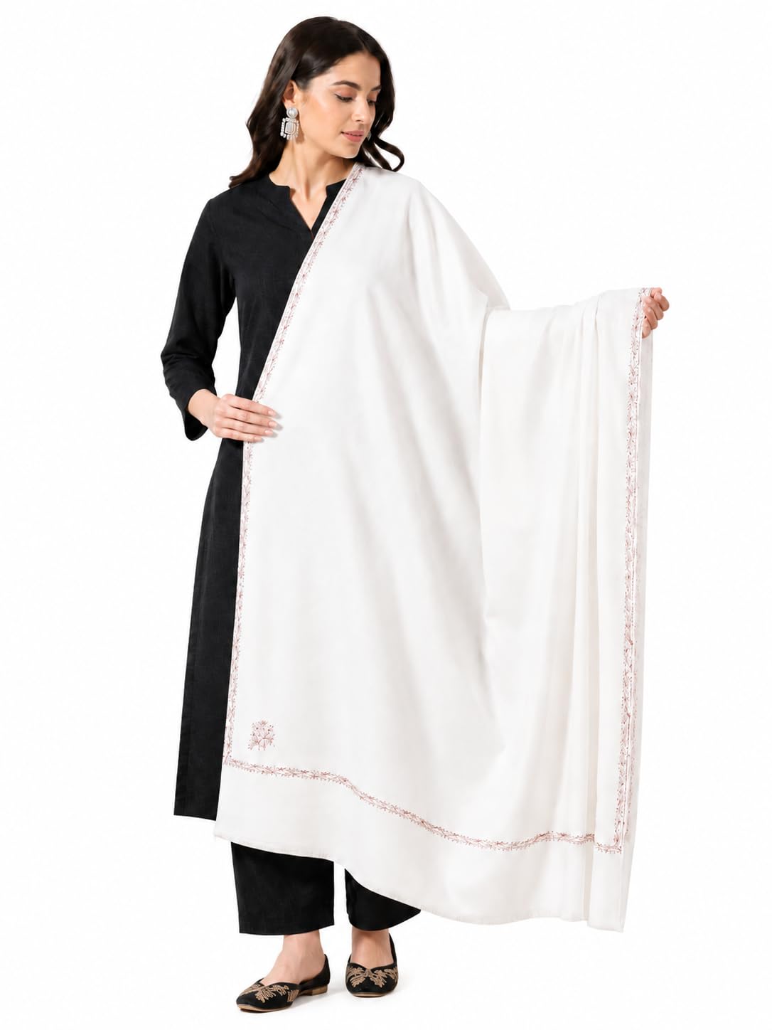 Matelco Women's Wool Shawl With Border Embroidery (Mepi102-Parent_Pink_40 X80 Inches) (Off White)