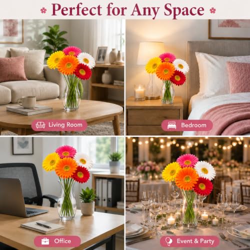 Image of CURATED CART Artificial Gerbera Daisy Flowers - Pack of 5 Faux Blooms, 30 cm | Real Touch PU Petals with Bendable Green Stems | Mixed Colours Flower Bouquet for Home, Kitchen, Office Decor (No Vase)