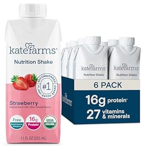 KATE FARMS Organic Nutrition Shake, Strawberry, 16g protein, 27 Vitamins and Minerals, Protein Meal Replacement Drink, Plant Based, 11 oz (6 Pack)