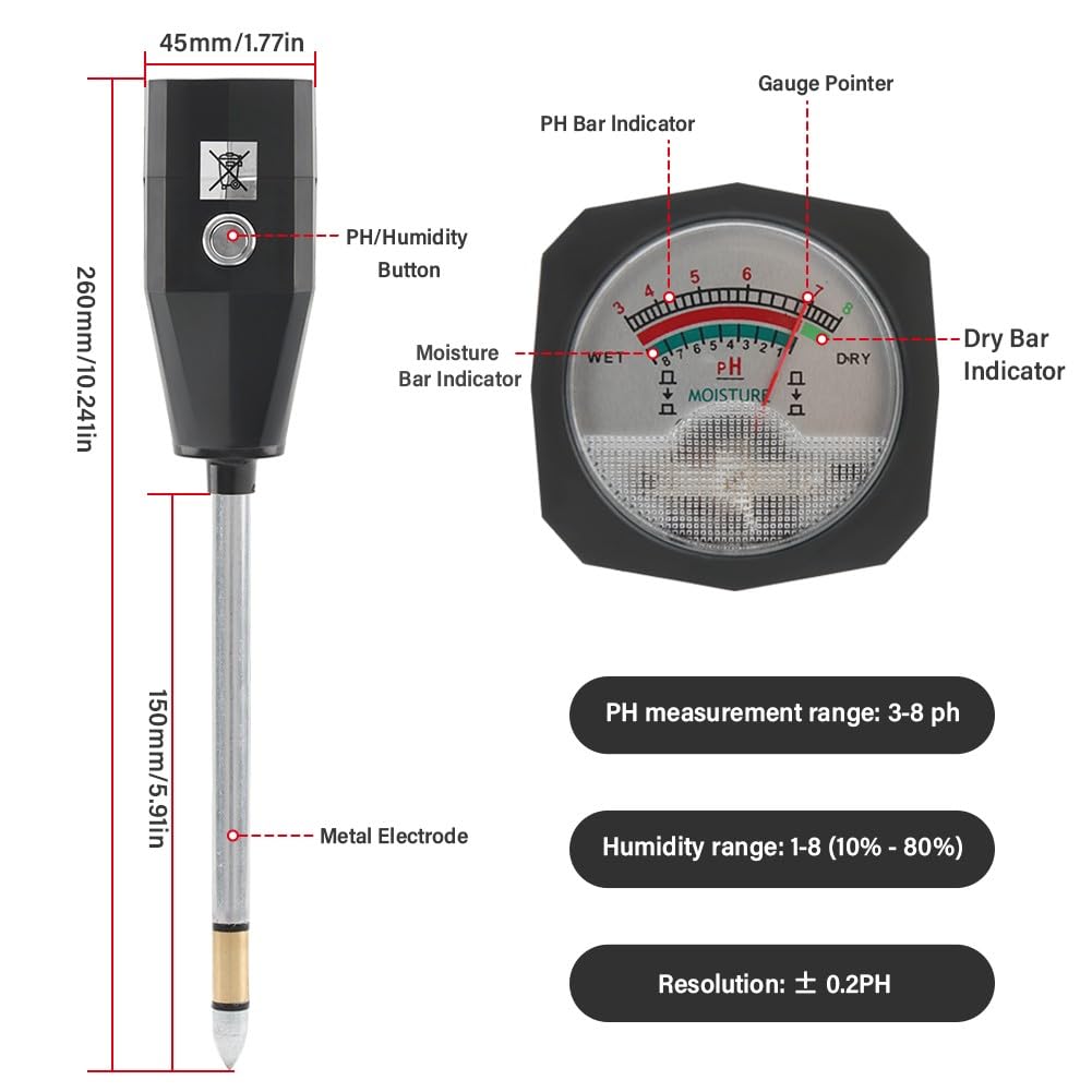 Testeur de pH du sol, capteur d'humidité portable avec électrode en métal et grand écran, testeur précis de plage de pH de 1 à 8 pour jardin, ferme, pelouse et plantes d'intérieur (noir)