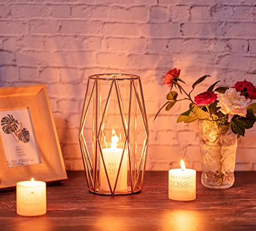 Bigsee 2Pcs Gold Pillar Hurricane Candle Holders, Clear Glass Candleholders With Geometric Metal Rack Stand thumb #1