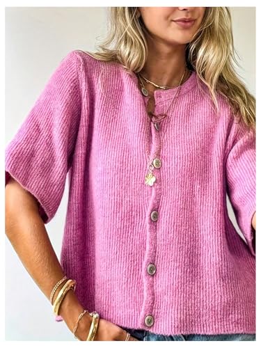 GORGLITTER Women's Short Sleeve Button Up Cardigan Crewneck Cropped Sweater Loose Knit Tops2