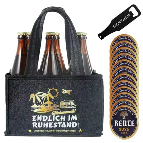ZIENZENGYA Rentner Geschenk Mann, Ruhestand Geschenk Männerhandtasche Bier mit 12 Stück Premium Ruhestand Flaschenetiketten Selbstklebend & Flaschenöffner, Hochwertige Filz-Biertasche für Kollegen