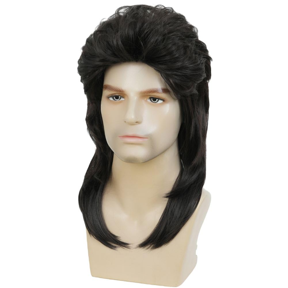 Schwarz Vokuhila Perücke 80er Herren Mullet Perücken 70er Gelockt Cosplay Kostüm Hitzebeständige Faser Haare Perücken für Disco Rocker Partei Halloween Verwenden