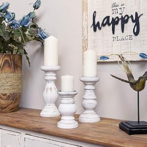 NIKKY HOME Pillar Candle Holder Set of 3 - Farmhouse Wood Candle Stand, Mantle Decor Centerpieces for Fireplace, Living or Dining Room Table, Distressed White NIKKY HOME Pillar Candle Holder Set of 3 Farmhouse Wood Candle Stand Mantle Decor Centerpieces for Fireplace Living or Dining Room Table Distressed White