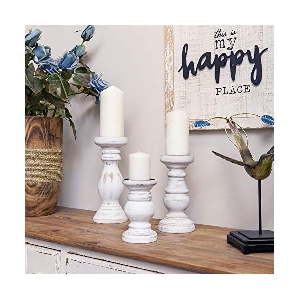 NIKKY HOME Pillar Candle Holder Set of 3 - Farmhouse Wood Candle Stand, Mantle Decor Centerpieces for Fireplace, Living or Dining Room Table, Distressed White NIKKY HOME Pillar Candle Holder Set of 3 - Farmhouse Wood Candle Stand, Mantle Decor Centerpieces for Fireplace, Living or Dining Room Table, Distressed White