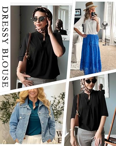 WNEEDU Damen Basic Oberteil 3/4 Arm - V-Ausschnitt Blusenshirt Casual und Business Tauglich Blusen Tuniken für Damen Marineblau L