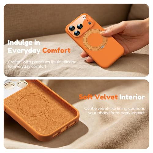 Image of Silicone 360 Spin Magnetic Stand Case for iPhone 17 Pro Max, [Compatible with Mag-Safe][Reinforced Hard Camera Protection] Liquid Silicone Rubber Phone Cover with Ring, Camera Button, Orange