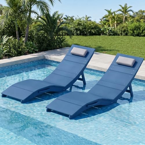 Image of Stoog Folding Pool Lounge Chairs Set of 2, Heavy Duty HIPS Anti-Floating Outdoor Chaise with Headrest for Hotel, Beach, Sun Deck, Blue