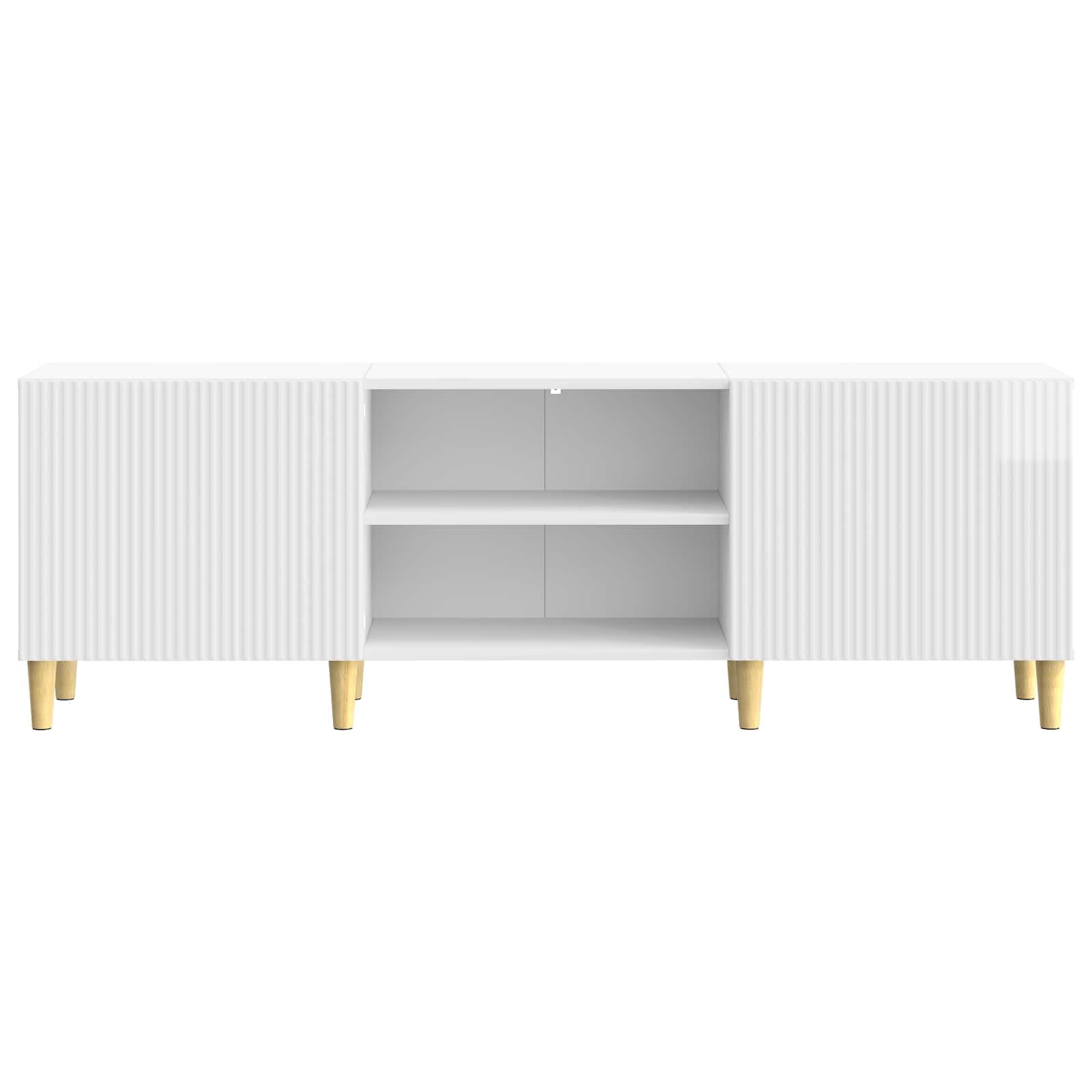TV-Schränk Hochglanz Weiß aus Holzwerkstoff 150 x 31 x 50 cm mit 2 Schwenktüren und Brettregal, vielseitiger Fernsehtisch für Wohnzimmer, Stauraum für Mediengeräte und Gaming Zubehör