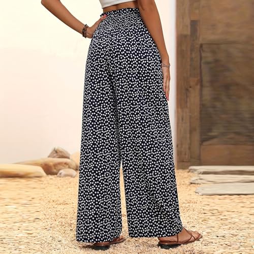 Wide Leg Linen Pants for Women Elastic High Waisted Boho Pants Polka Dot Patchwork Smocked Paper Bag Flowy Palazzo Pant3