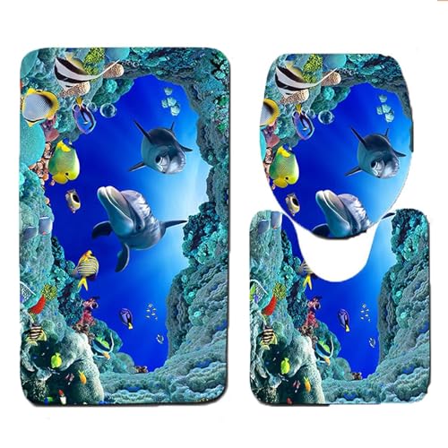 Smavles Alfombrilla de Baño de 3 Piezas Alfombra de Ducha Alfombras de Baño Antideslizante Lavables Estampado Animal Marino Alfombra de Pedestal + Tapa de Inodoro + Alfombrilla de Baño