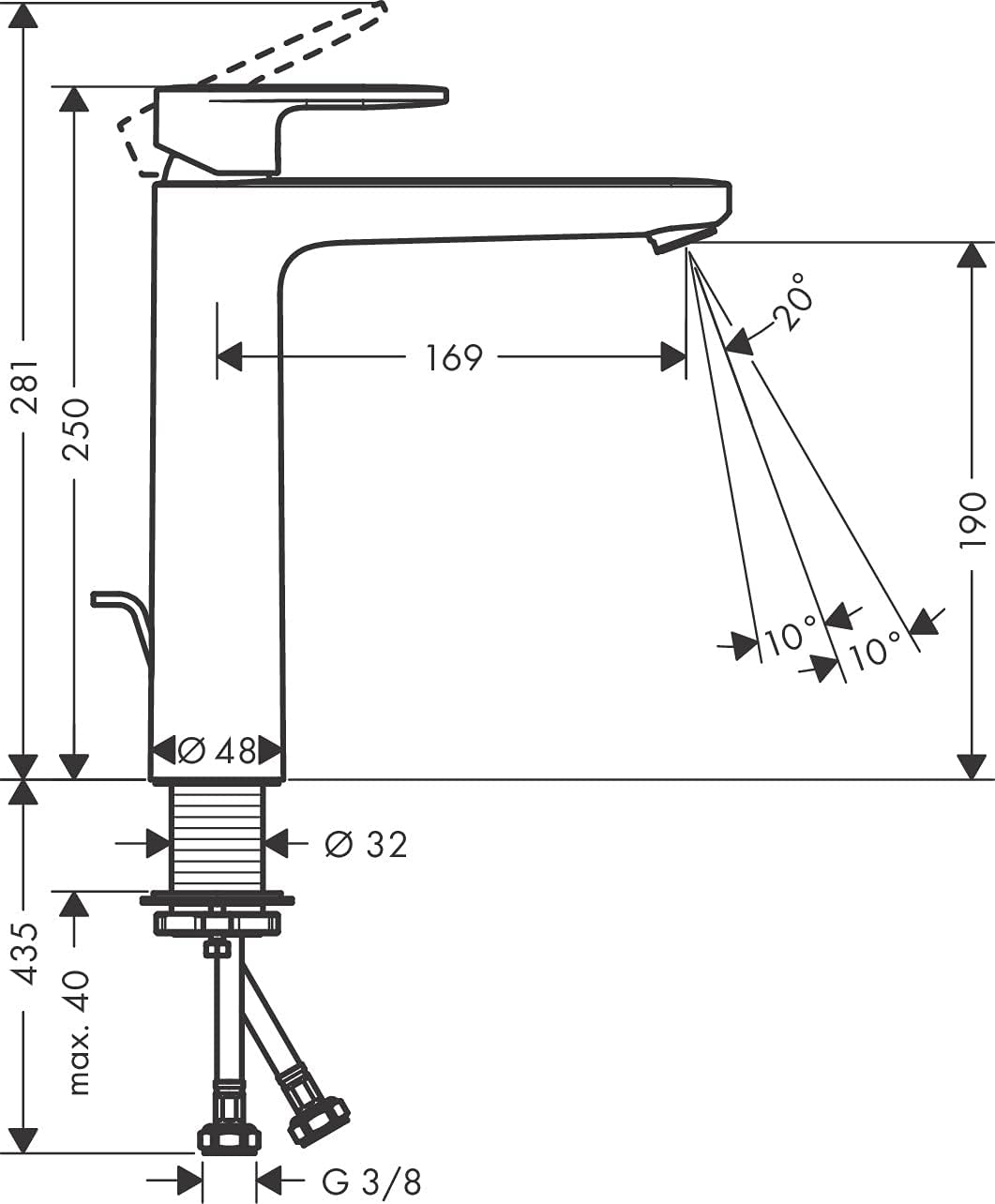 Technical drawing of Hansgrohe Vernis Blend 190 lavabo mixer with dimensions