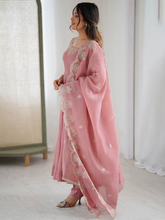 Generic Women's Silk Embroidered Anarkali Suit Set with Peach - Image 5