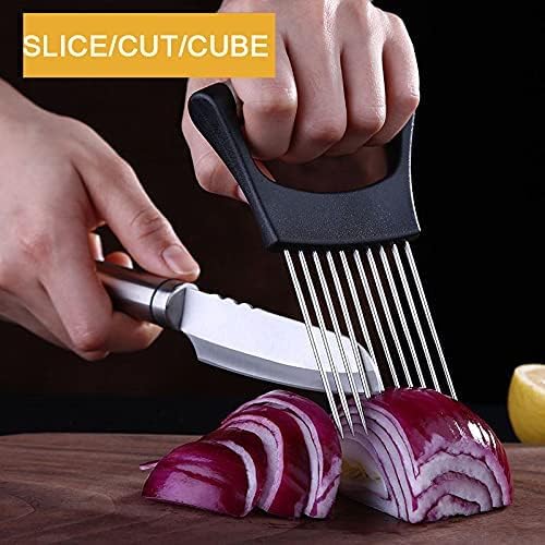 Soporte de cebolla y herramienta cortadora de alimentos – Acero inoxidable para cortar verduras y frutas para un corte fácil y seguro (negro) 3