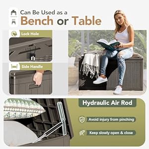 Flamaker Deck Box with Cushion 100 Gallon Waterproof Resin Storage Box with Air Rod Indoor Outdoor Lockable Storage Bench for Patio Furniture, Tools, Pool Accessories (Brown) Flamaker Deck Box with Cushion 100 Gallon Waterproof Resin Storage Box with Air Rod Indoor Outdoor Lockable Storage Bench for Patio Furniture Tools Pool Accessories Brown