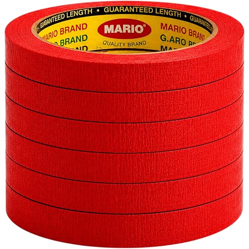 Image of Mario Red Masking Tape - 20 Meter Length, 12mm Width - High Adhesion Tape for Wall Painting, Furniture, Labelling & DIY Projects - Easy Tear, No Residue - Pack of 6 Rolls