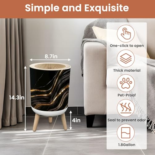 Image of Small Trash Can with Lid Marble texture wall surface black gold ink pattern graphic granite 1.8 Gallon Dog Proof Trash Can Round Garbage Can Waste Bin Wastebasket for Bathroom Bedroom Living Room
