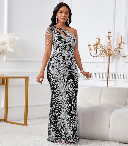 Image of Cololura Women Sequin Elegant Sexy One Shoulder Tassel Mermaid Bodycon Cocktail Evening Dress
