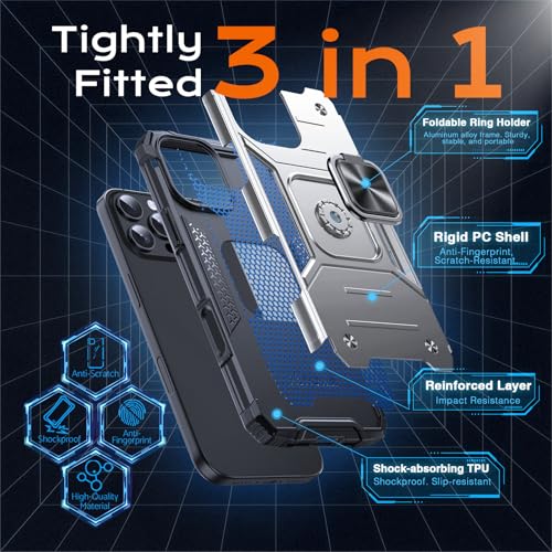 Image of Anqrp Heavy Duty Case for iPhone 16 Pro Case with Enhanced Ring Holder Grip Stand, Military Grade Shockproof Rugged Drop Protective Silicone Hard Slim iPhone 16 Pro Phone Case Cover,Silver
