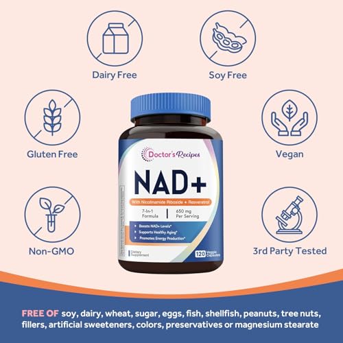 Doctor's Recipes NAD Supplement, Nicotinamide Riboside, Resveratrol, NMN Alternative for Anti-Aging, w/Magnesium Glycinate & L-Tryptophan, 650mg Per Serving, Energy & Mood Boost, 120 Vegan Capsules — view 5