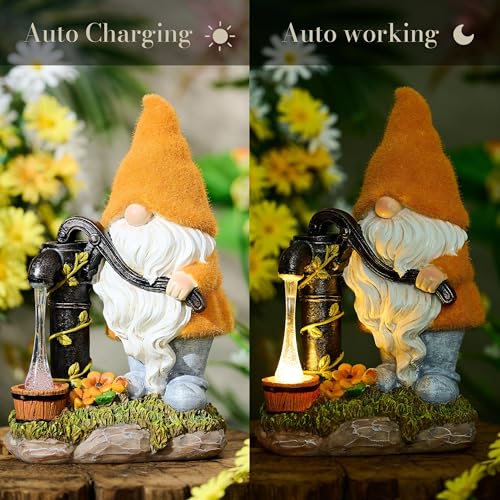 Teresa'S Collections Resin Garden Gnomes Decorations For Yard With Solar Lights, Yellow Garden Sculptures & Statues For Porch Patio, Gifts For Mom And Dad,Outdoor Fall Garden Decor For Outside thumb #4