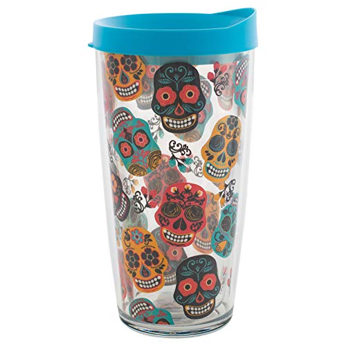 Signature Tumblers Sugar Skulls Wrap on Clear 16 Ounce Double-Walled Travel Tumbler Mug with Turquoise Easy Sip Lid