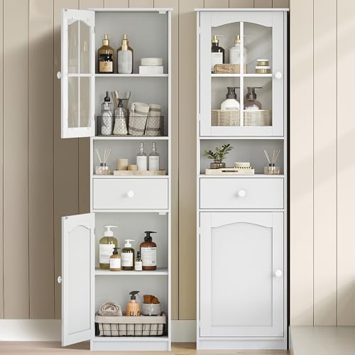 Hzuaneri Mueble de baño, módulo de Toilette con Puertas de Cristal, Armario Alto de almacenaje con 2 Hojas y 1 cajón, Apto para Espacios reducidos,Aseo, salón, 40 x 30 x 170 cm, Blanco