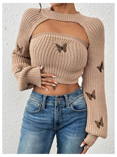 Image of SOLY HUX Sweaters for Women Butterfly Embroidery Tube Knit Tops and Cropped Shrug Sweater Apricot Butterfly Medium