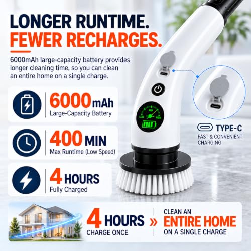 Image of PPLEE Electric Spin Scrubber, Cordless Shower Scrubber, 6000mAh, 3 Speeds