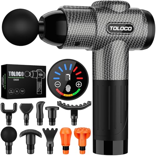 TOLOCO Massage Gun, Deep Tissue Back Massage for Athletes for Pain Relief, Percussion Massager with 10 Massages Heads & Silent Brushless Motor, Christmas Gifts for Women, Men, Carbon