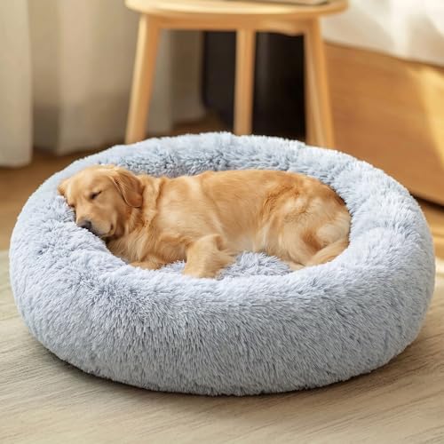 JOLLYVOGUE Calming Dog Beds Extra Large Sized Dog 45in Donut Washable Large Pet Bed Anti-Slip & Anti-Anxiety Fluffy Faux Fur Round Dogs Bed Fits up to 125 lbs Pets (Smoke Grey)