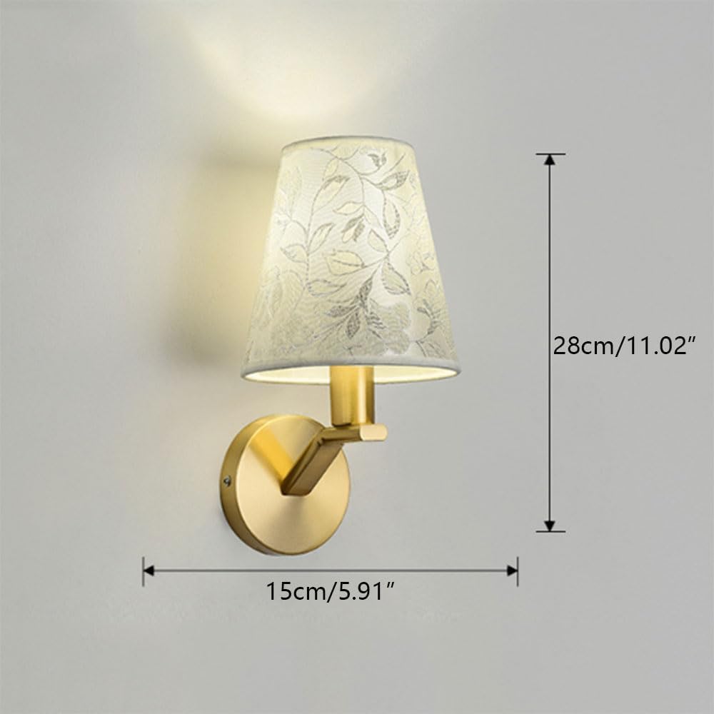 Pełna miedziana lampa ścienna z kwiecistym kloszem z tkaniny - elegancka ściana E14